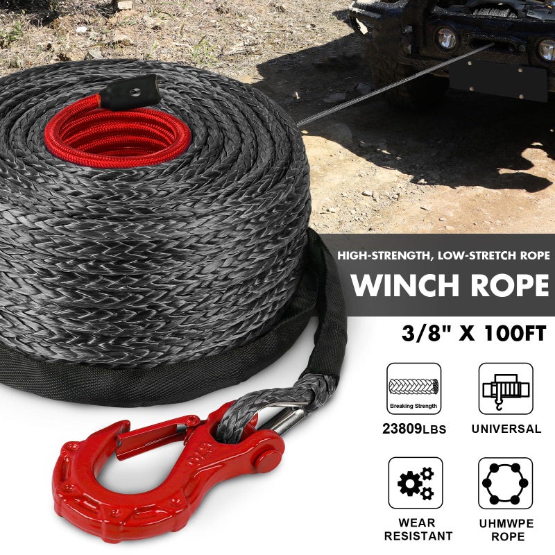 STEGODON Synthetic Winch Rope  3/8"" x100ft 23809LBS Dyneema Winch Rope 3/8 Heavy Duty Winch Cable with Protective Sleeve Forged Winch Hook for 4WD Off Road Vehicle Truck SUV (Black) - Image 2